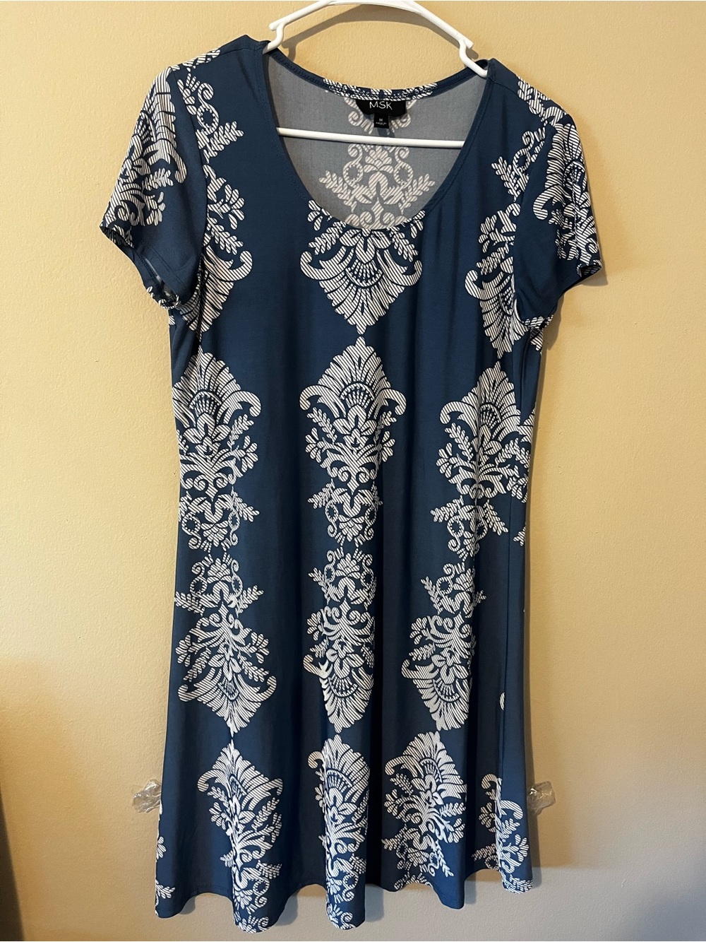 MSK Blue Short Sleeve A-Line Dress with White Damask Motif
